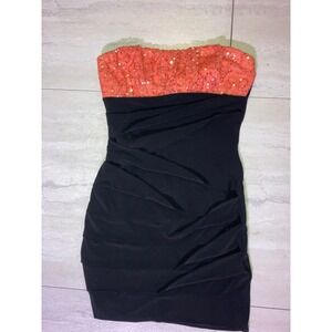 Deb Juniors Strapless Bodycon Dress Black‎ Coral Sequin Ruched Mini Size S